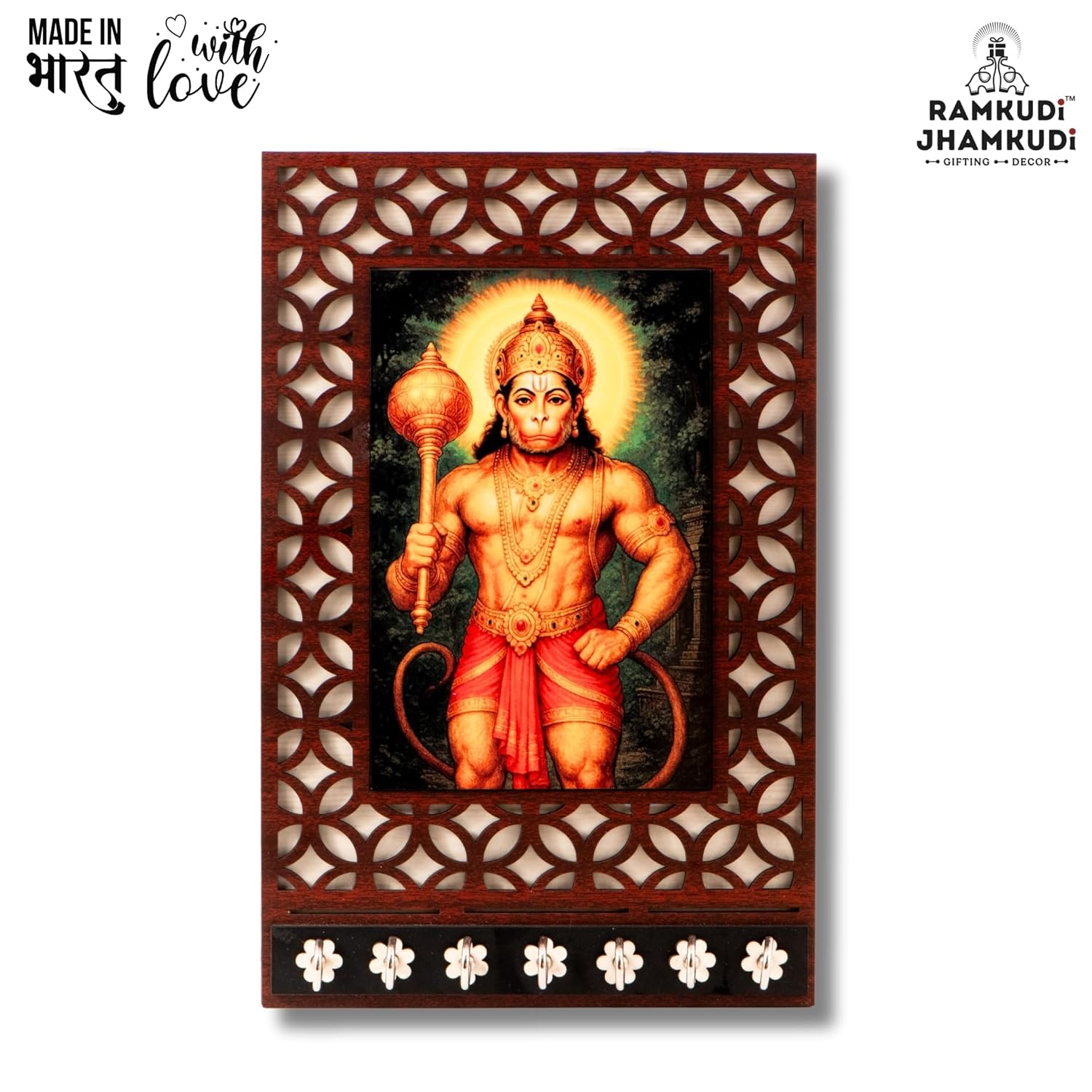 Ramkudi Jhamkudi™ Premium Wooden Lord Hanuman Key Holder for Wall – 2 Layer MDF, 7 Stainless Steel Hooks, Unique Indian Design, Home Decor & Gifting – Made in India