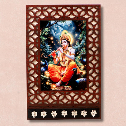 Ramkudi Jhamkudi™ Premium Wooden Krishna Playing Flute with Peacock Key Holder for Wall – 2 Layer MDF, 7 Stainless Steel Hooks, Peaceful Indian Design, Home Decor & Gifting – Made in India