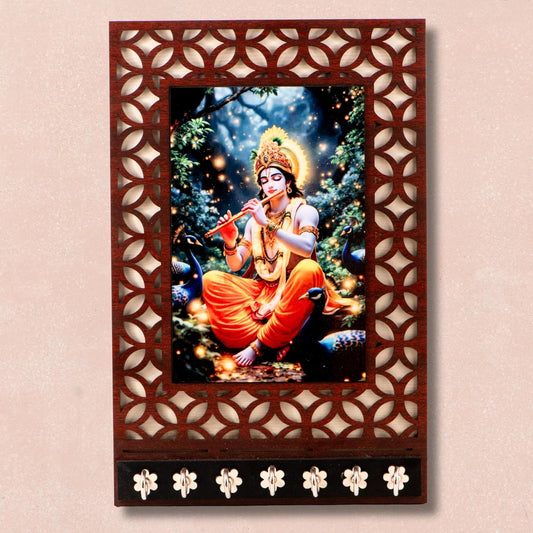 Ramkudi Jhamkudi™ Premium Wooden Krishna Playing Flute with Peacock Key Holder for Wall – 2 Layer MDF, 7 Stainless Steel Hooks, Peaceful Indian Design, Home Decor & Gifting – Made in India