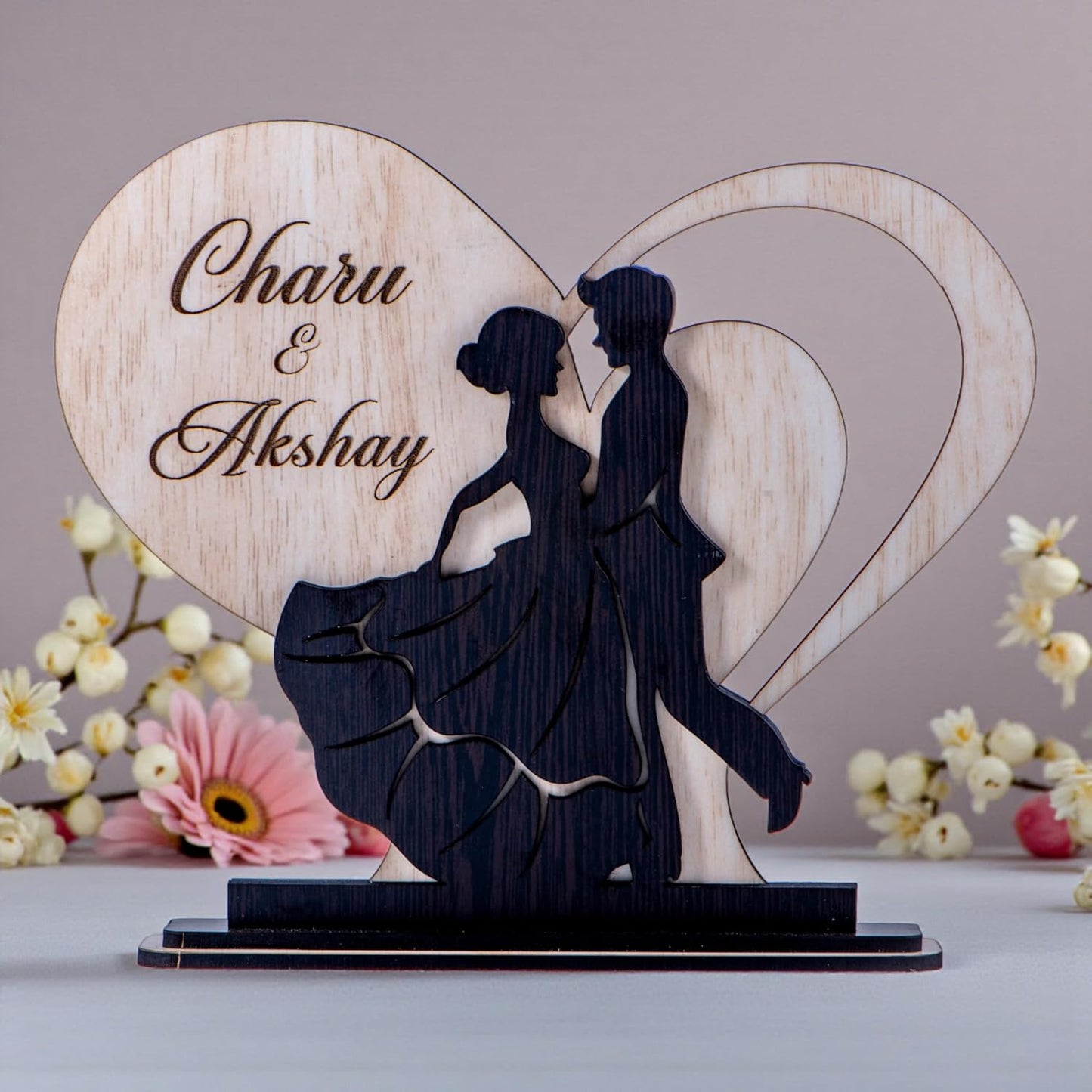 Ramkudi Jhamkudi™ Personalized Heart Couple Wooden Showpiece with Name | Dual Layer Romantic Décor | Valentine, Anniversary & Wedding Gift for Girlfriend, Boyfriend & Couples