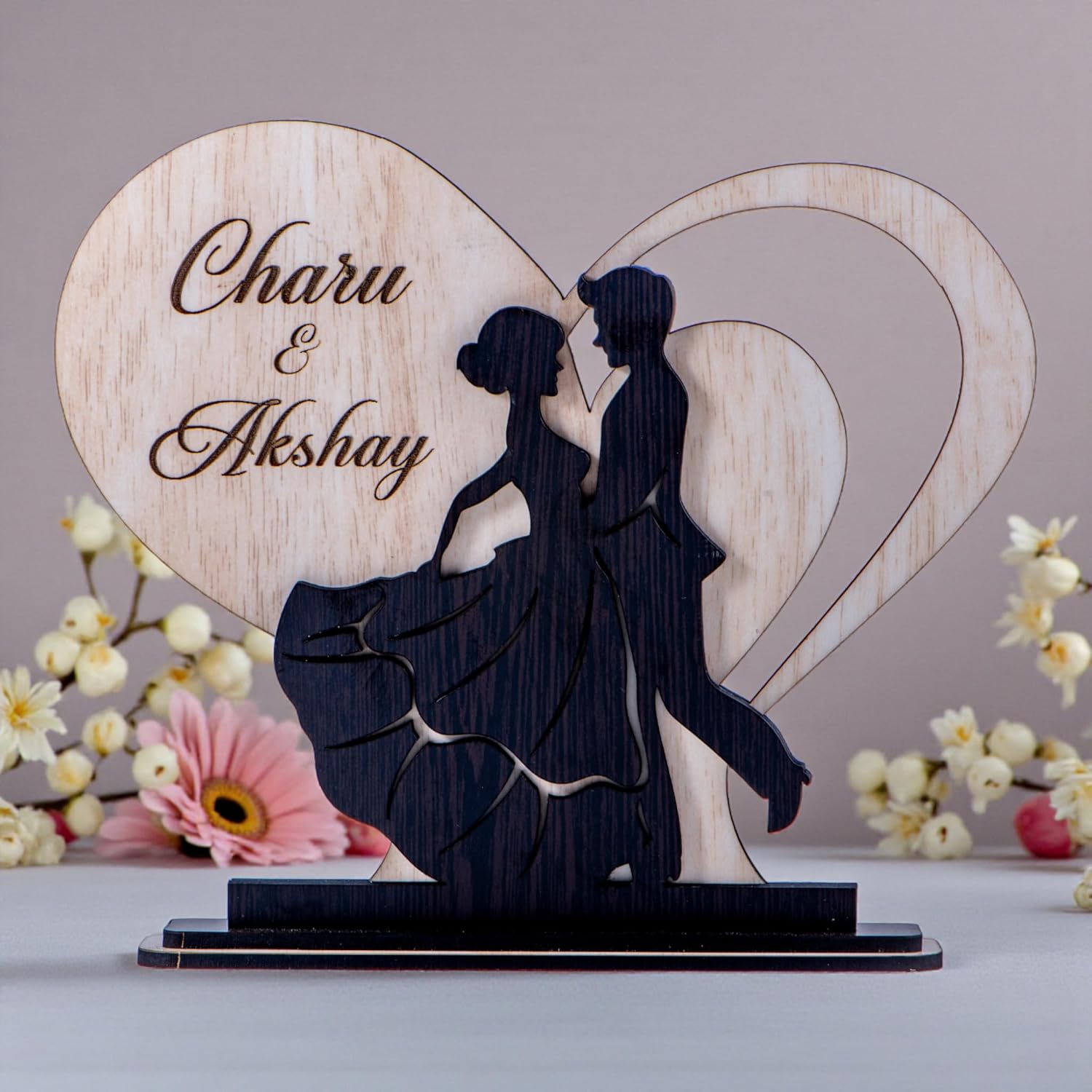 Ramkudi Jhamkudi™ Personalized Heart Couple Wooden Showpiece with Name | Dual Layer Romantic Décor | Valentine, Anniversary & Wedding Gift for Girlfriend, Boyfriend & Couples