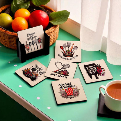 Ramkudi Jhamkudi Wooden Coasters Set of 6 with Baking & Cooking Quotes – Printed Kitchen Coaster Set with Holder – Made in India, Eco-Friendly – Ideal for Gifting & Home Decor