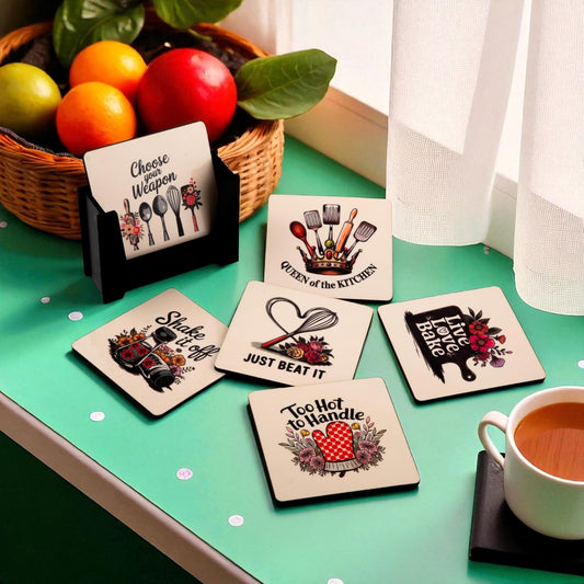 Ramkudi Jhamkudi Wooden Coasters Set of 6 with Baking & Cooking Quotes – Printed Kitchen Coaster Set with Holder – Made in India, Eco-Friendly – Ideal for Gifting & Home Decor