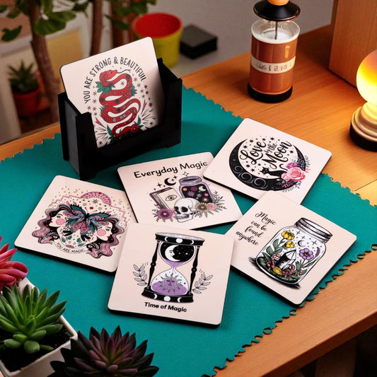 Wooden Coasters Set of 6 with Holder | Boho Style Coasters with Deep Positive Quotes | Mystical Tea Coffee Mats for Soulful Decor | Eco-Friendly | Made in India | Gift for Mindful & Spiritual Homes