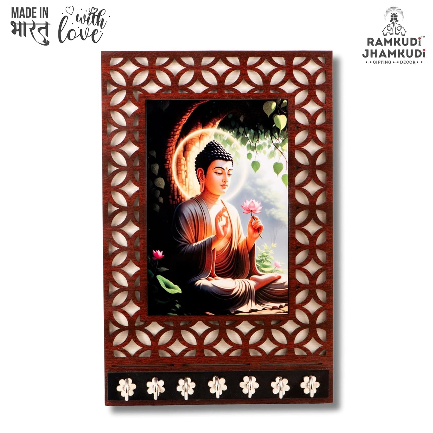 Ramkudi Jhamkudi™ Buddha Serenity Wooden Key Holder – 2 Layer Premium MDF, 7 SS Hooks – Calm & Stylish Wall Décor – Made in India