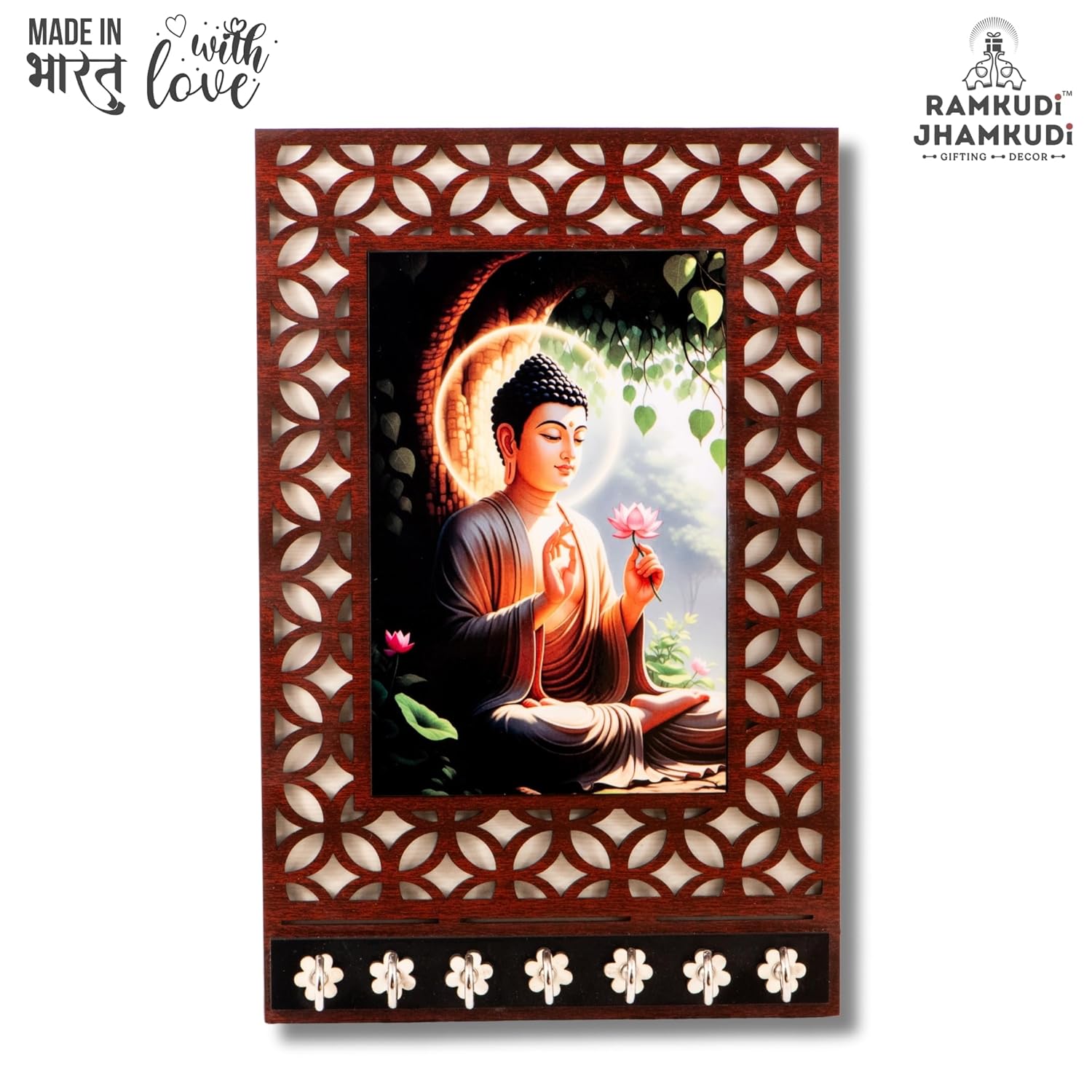 Ramkudi Jhamkudi™ Buddha Serenity Wooden Key Holder – 2 Layer Premium MDF, 7 SS Hooks – Calm & Stylish Wall Décor – Made in India