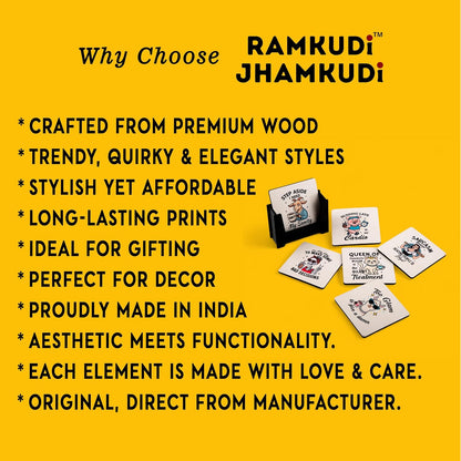 Ramkudi Jhamkudi Wooden Coasters Set of 6 with Sarcastic & Quirky Quotes – Printed Coaster Set with Holder – Funky Home & Office Decor – Eco-Friendly, Made in India, Gift-Ready