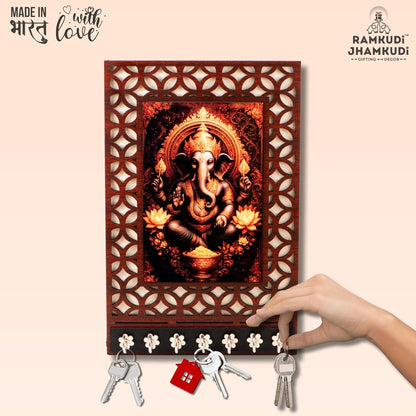 Ramkudi Jhamkudi™ Premium Wooden Lord Ganesha Key Holder for Wall – 2 Layer MDF, 7 Stainless Steel Hooks, Unique Indian Design, Home Decor & Gifting – Made in India