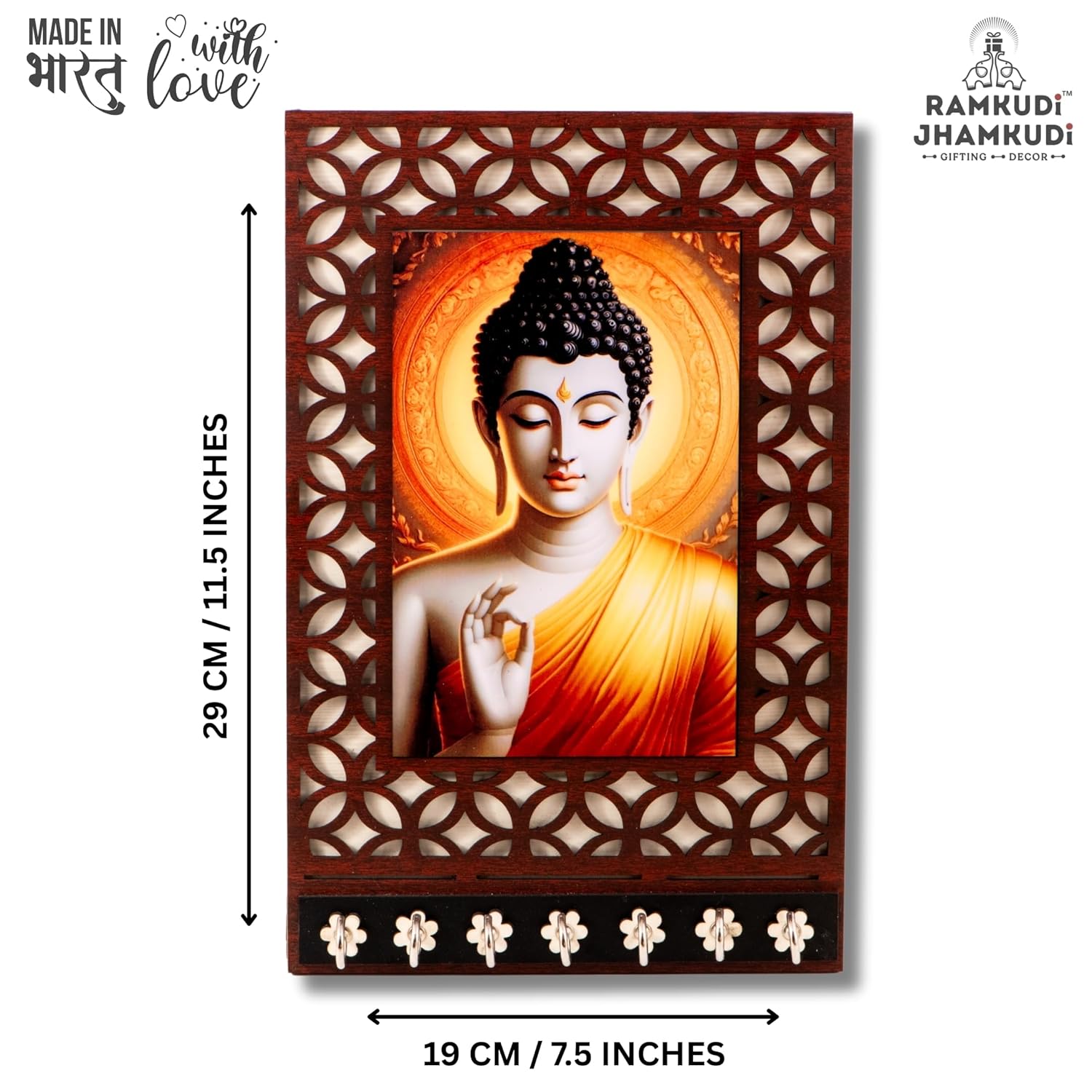 Ramkudi Jhamkudi™ Buddha Wooden Key Holder – 2 Layer Premium MDF, 7 SS Hooks – Peaceful & Elegant Wall Décor – Made in India