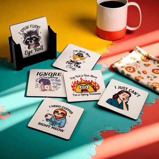 Ramkudi Jhamkudi Wooden Coasters Set of 6 – Quirky Quotes Design with Coaster Holder | Eco-Friendly, Fun & Trendy Table Decor | Great Gift for Home, Office | Made in India
