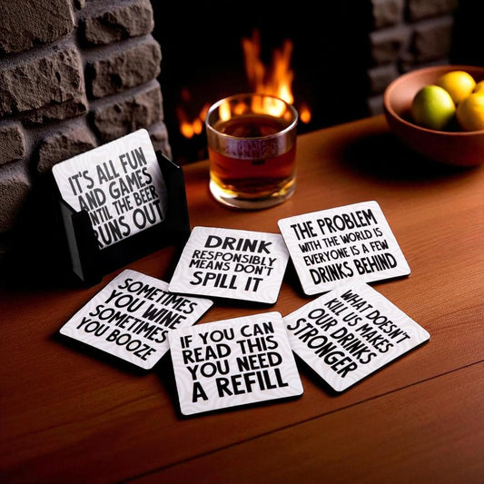 Ramkudi Jhamkudi Wooden Coasters Set of 6 with Drinking Quotes – Printed Bar Coaster Set with Holder – Party & Bar Decor, Eco-Friendly, Made in India – Great for Gifting