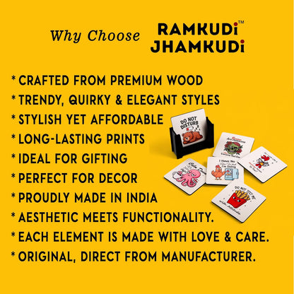 Ramkudi Jhamkudi Wooden Coasters Set of 6 with Sarcastic & Quirky Quotes – Bold & Fun Printed Coaster Set with Holder – Eco-Friendly, Made in India – Great for Gifting & Desk Decor