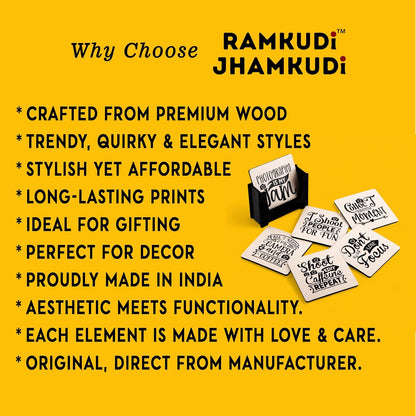 Ramkudi Jhamkudi Wooden Coasters Set of 6 with Holder | Photography Quote Coasters for Tea Coffee | Gift for Photographers & Creators | Desk & Table Décor | Made in India Drink Mats