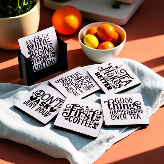 Ramkudi Jhamkudi Wooden Coasters Set of 6 with Coffee & Tea Quotes – Printed Coaster Set with Holder – Cozy Decor, Eco-Friendly, Made in India – Great for Gifting
