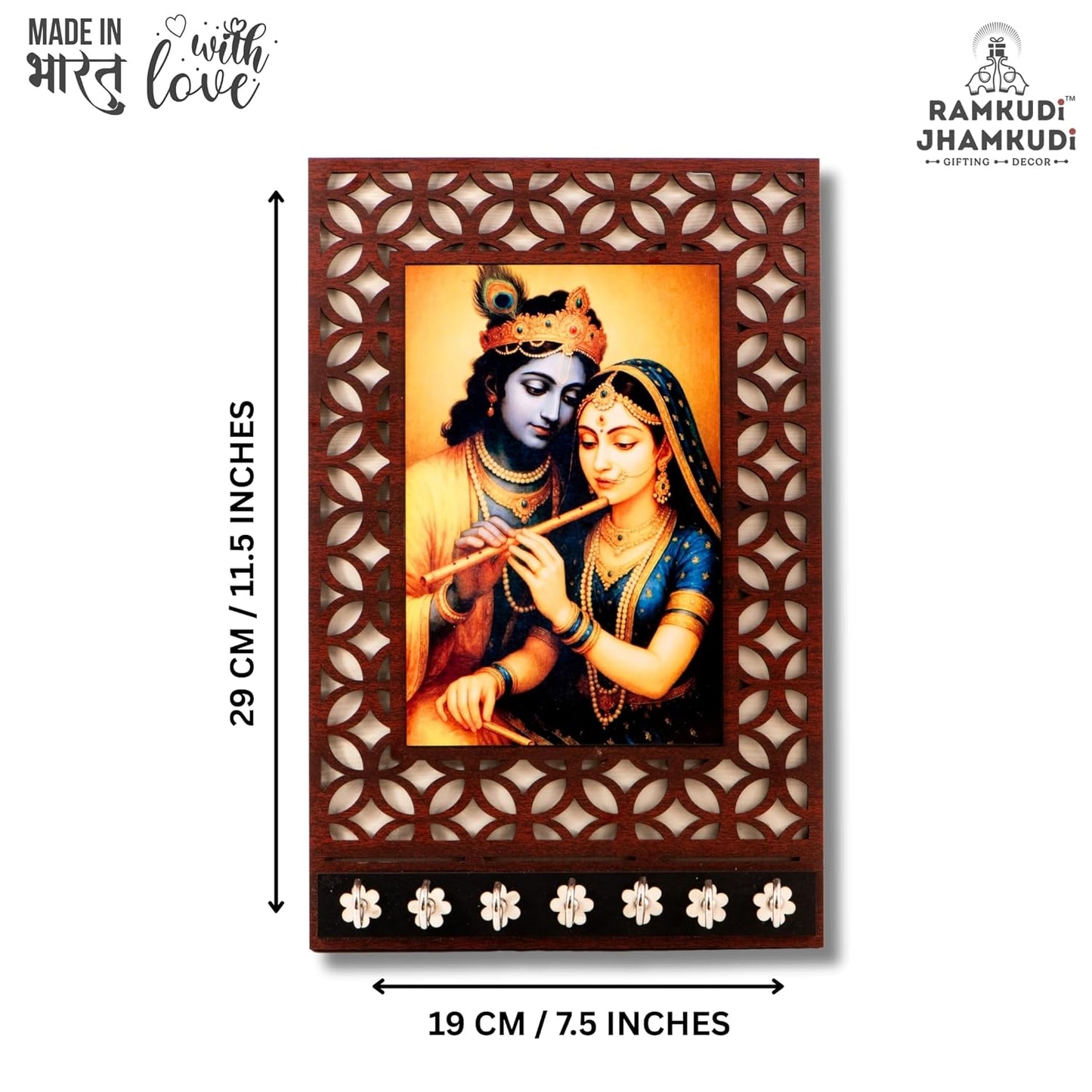 Ramkudi Jhamkudi™ Premium Wooden Radha Krishna Key Holder for Wall – 2 Layer MDF, 7 Stainless Steel Hooks, Unique Indian Design, Home Decor & Gifting – Made in India