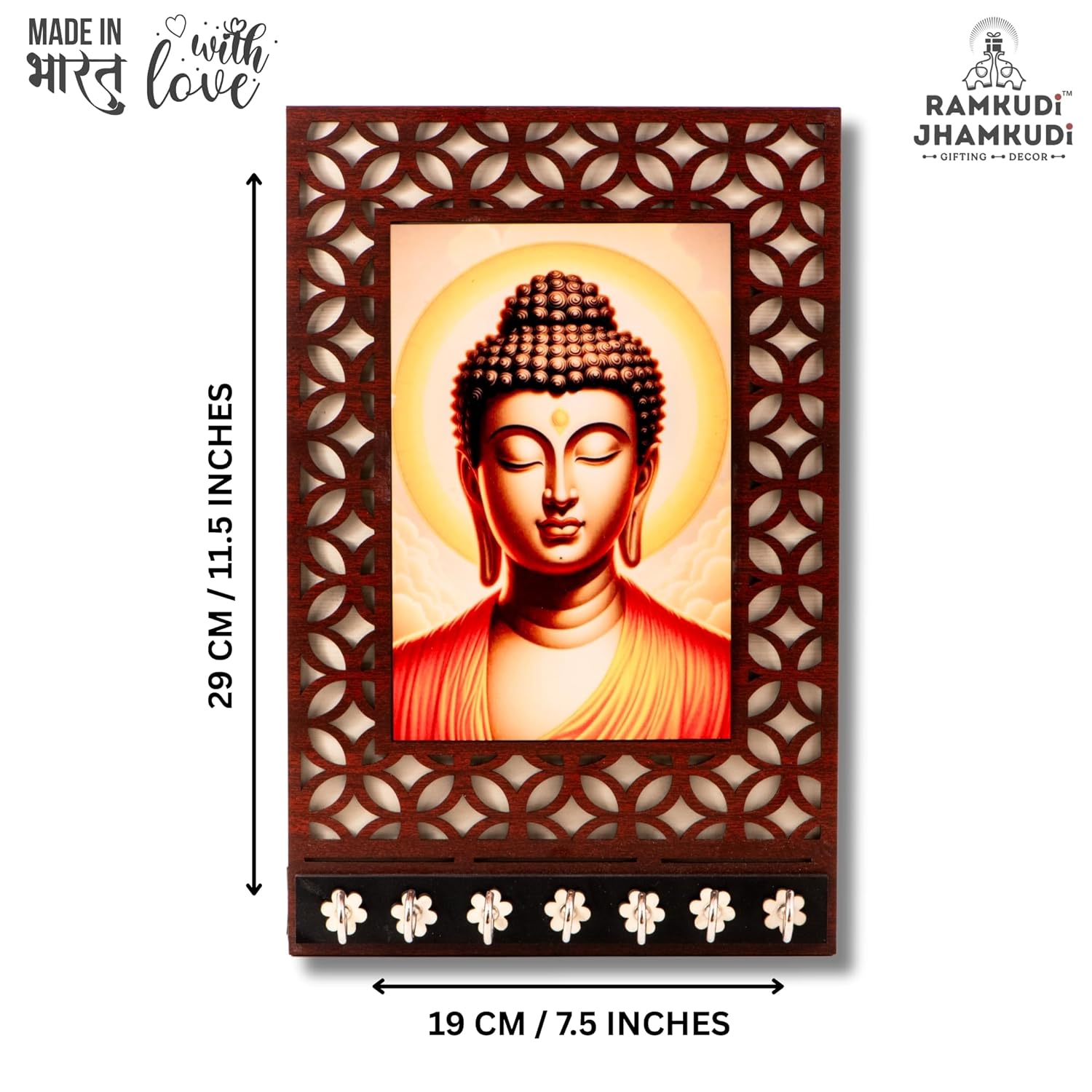 Ramkudi Jhamkudi™ Premium Wooden Buddha Key Holder for Wall – 2 Layer MDF, 7 Stainless Steel Hooks, Unique Spiritual Design, Home Decor & Gifting – Made in India
