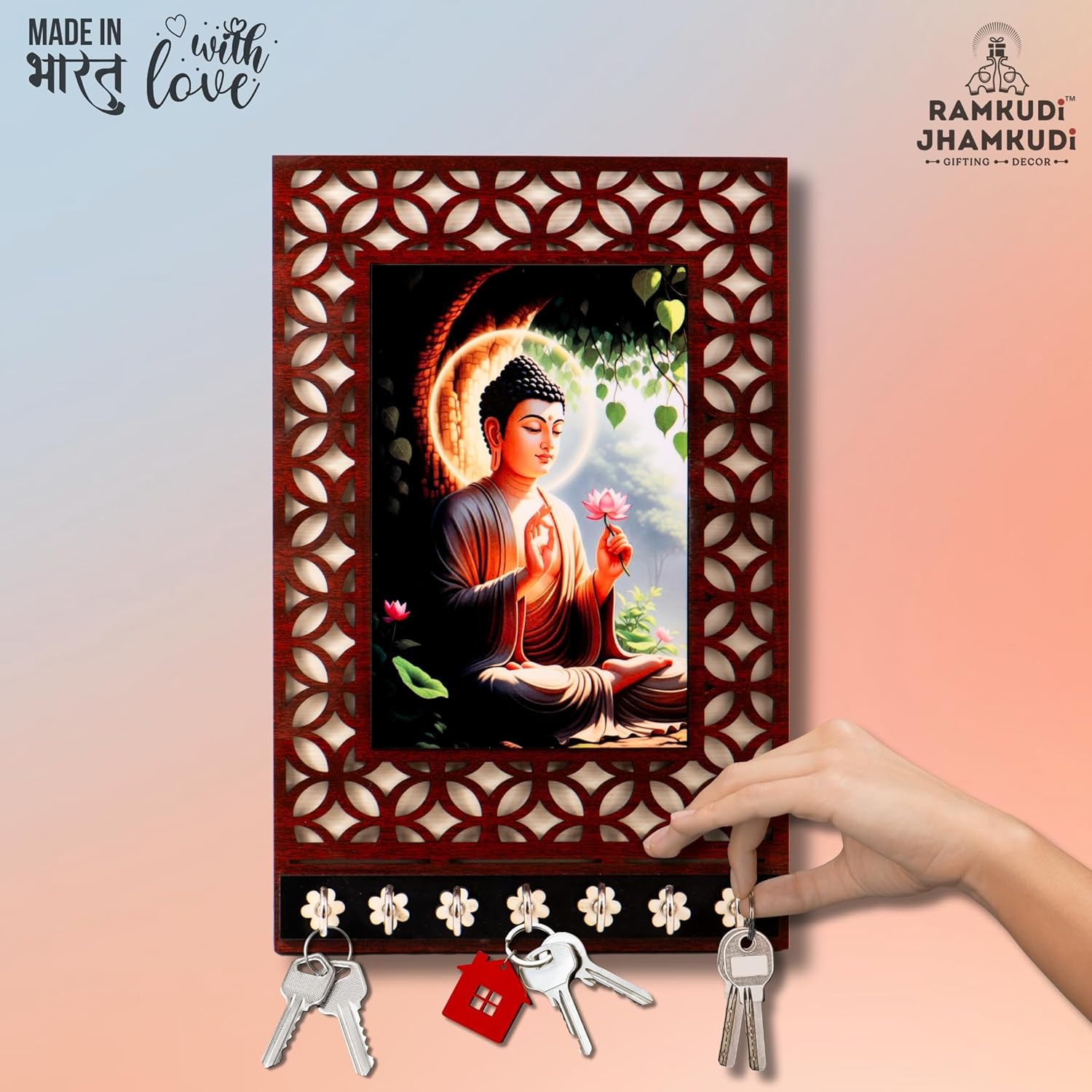 Ramkudi Jhamkudi™ Premium Wooden Buddha Key Holder for Wall – 2 Layer MDF, 7 Stainless Steel Hooks, Unique Indian Design, Home Decor & Gifting – Made in India