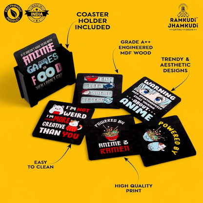 Ramkudi Jhamkudi Wooden Coasters Set of 6 with Anime Designs – Printed Coaster Set with Holder – Otaku Gift, Desk Decor, Eco-Friendly, Made in India