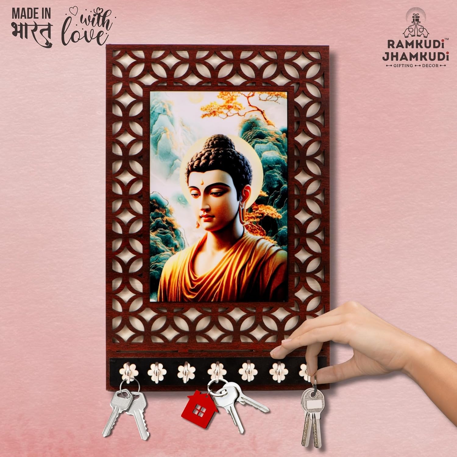 Ramkudi Jhamkudi™ Buddha Wooden Key Holder – Calm Meets Class – 2 Layer Premium MDF, 7 SS Hooks – Zen & Stylish Wall Décor – Made in India