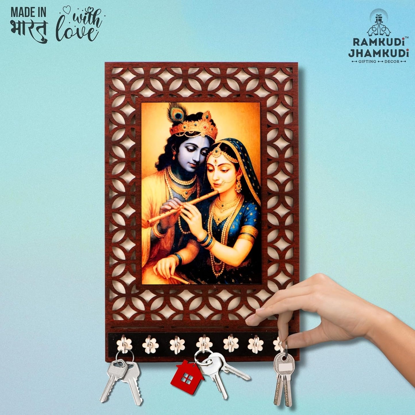 Ramkudi Jhamkudi™ Premium Wooden Radha Krishna Key Holder for Wall – 2 Layer MDF, 7 Stainless Steel Hooks, Unique Indian Design, Home Decor & Gifting – Made in India