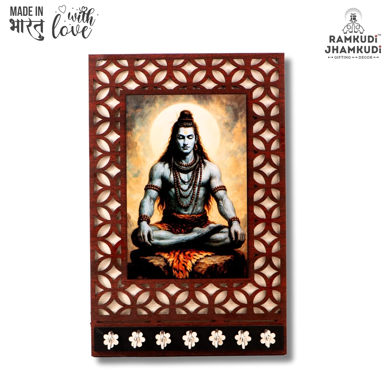 Ramkudi Jhamkudi™ Premium Wooden Meditating Lord Shiva Key Holder for Wall – 2 Layer MDF, 7 Stainless Steel Hooks, Exclusive Indian Design, Home Decor & Gifting – Made in India