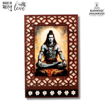 Ramkudi Jhamkudi™ Premium Wooden Meditating Lord Shiva Key Holder for Wall – 2 Layer MDF, 7 Stainless Steel Hooks, Exclusive Indian Design, Home Decor & Gifting – Made in India