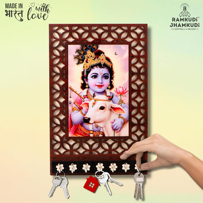 Ramkudi Jhamkudi™ Premium Wooden Krishna with Cow Key Holder for Wall – 2 Layer MDF, 7 Stainless Steel Hooks, Unique Indian Design, Home Decor & Gifting – Made in India