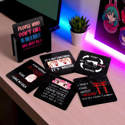 Ramkudi Jhamkudi Anime Wooden Coasters Set of 6 with Holder | Anime Quotes & Designs for Otakus | Stylish Drink Coasters for Tea Coffee | Home Desk Décor | Made in India Gift for Anime Fans