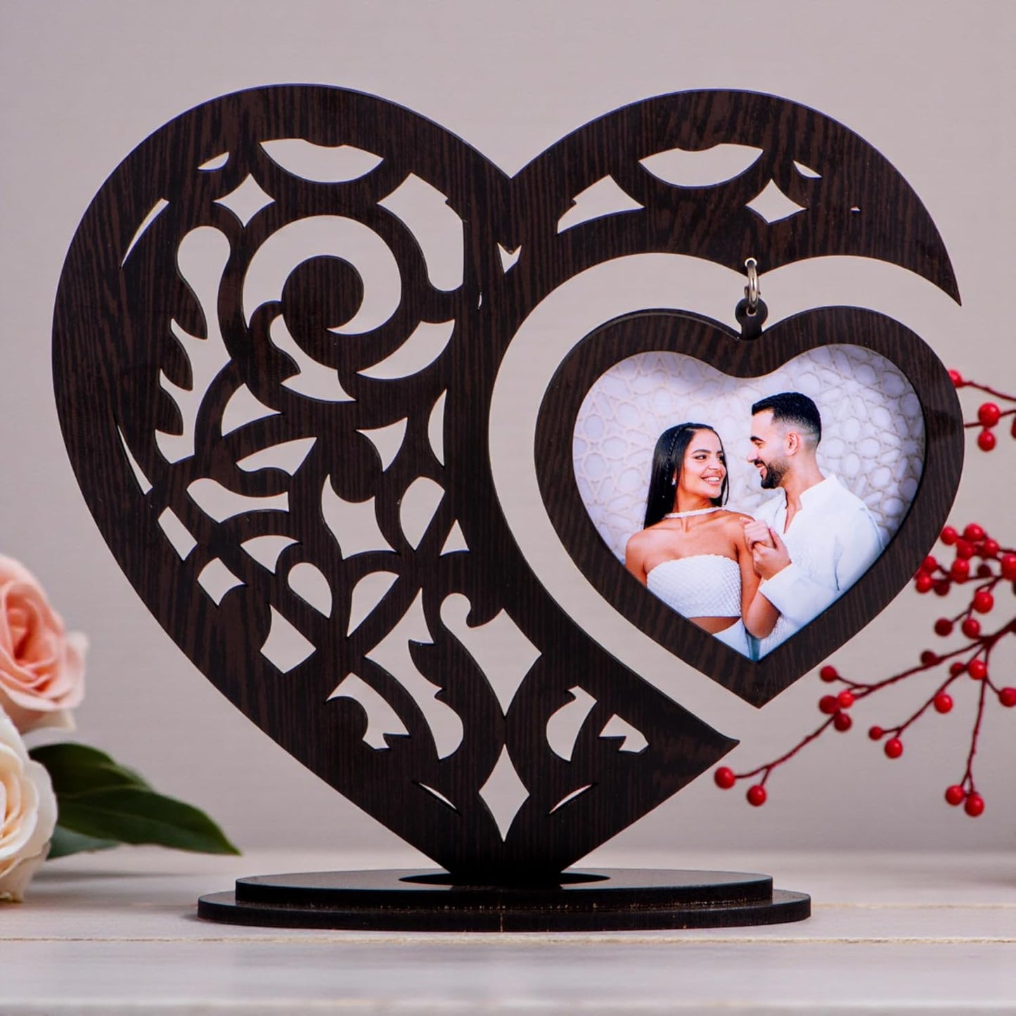 RAMKUDI JHAMKUDI™ Personalized Heart Wooden Photo Frame Showpiece with Hanging Photo | Laser Cut Design | Valentine, Anniversary & Wedding Gift for Couples