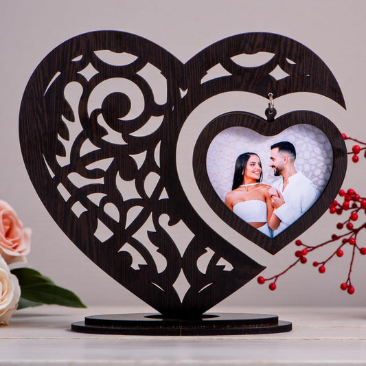 RAMKUDI JHAMKUDI™ Personalized Heart Wooden Photo Frame Showpiece with Hanging Photo | Laser Cut Design | Valentine, Anniversary & Wedding Gift for Couples