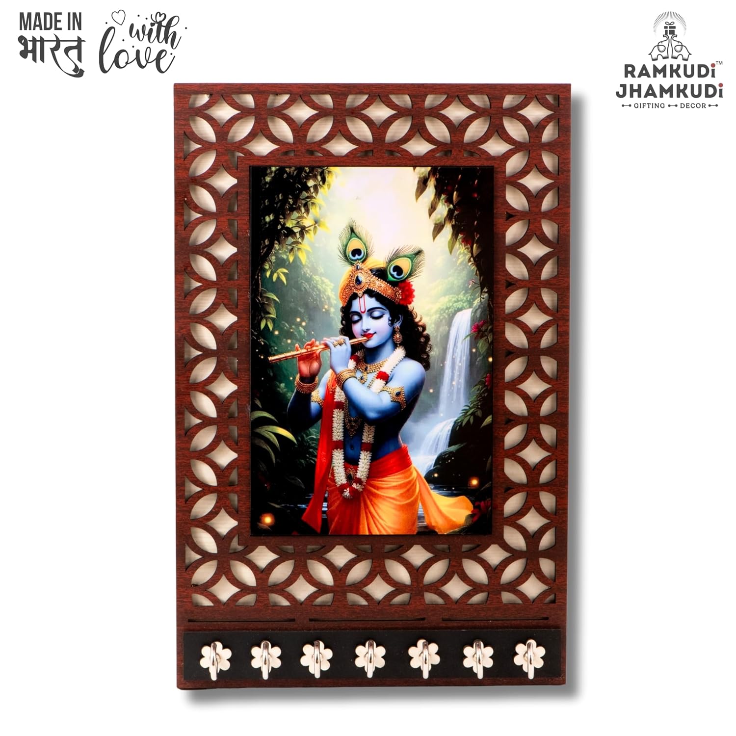 Ramkudi Jhamkudi™ Premium Wooden Krishna Playing Flute Key Holder for Wall – 2 Layer MDF, 7 Stainless Steel Hooks, Unique Indian Design, Home Decor & Gifting – Made in India