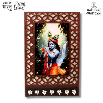 Ramkudi Jhamkudi™ Premium Wooden Krishna Playing Flute Key Holder for Wall – 2 Layer MDF, 7 Stainless Steel Hooks, Unique Indian Design, Home Decor & Gifting – Made in India