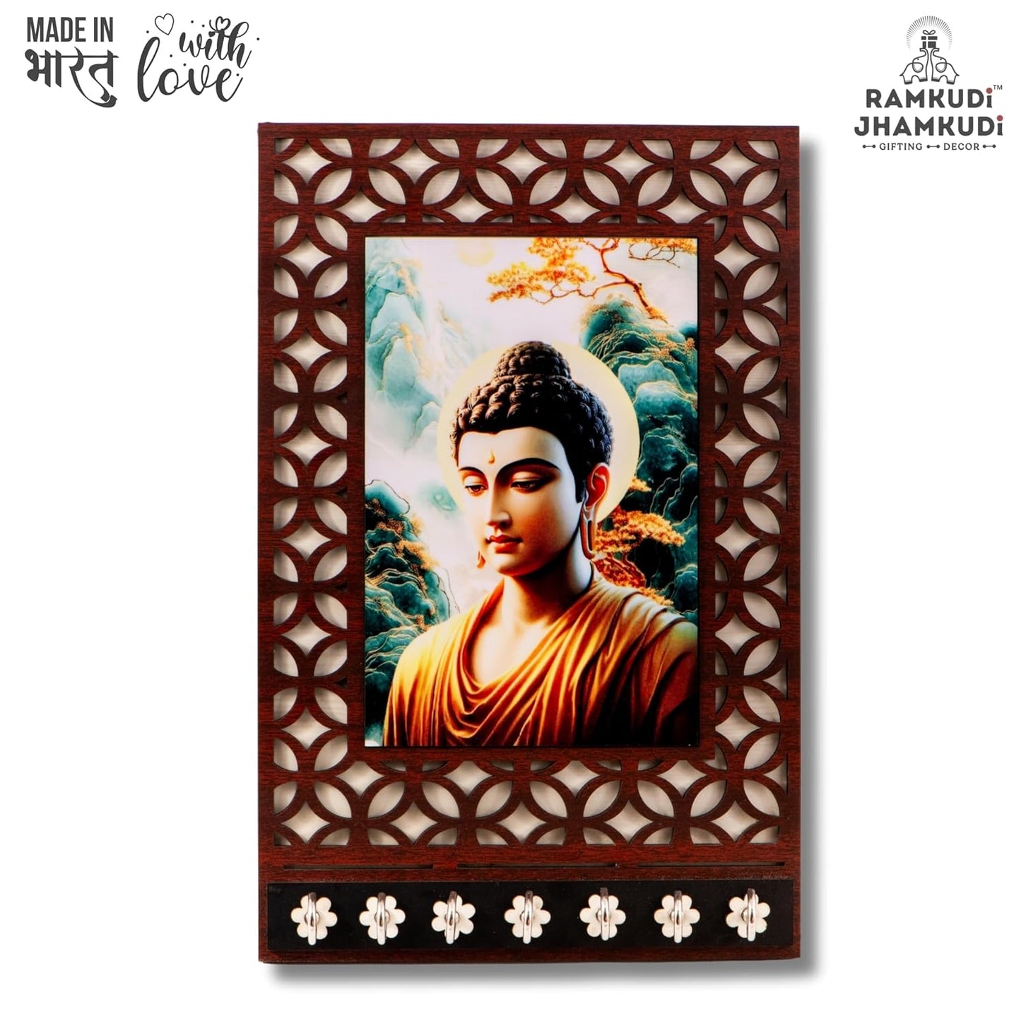 Ramkudi Jhamkudi™ Buddha Wooden Key Holder – Calm Meets Class – 2 Layer Premium MDF, 7 SS Hooks – Zen & Stylish Wall Décor – Made in India