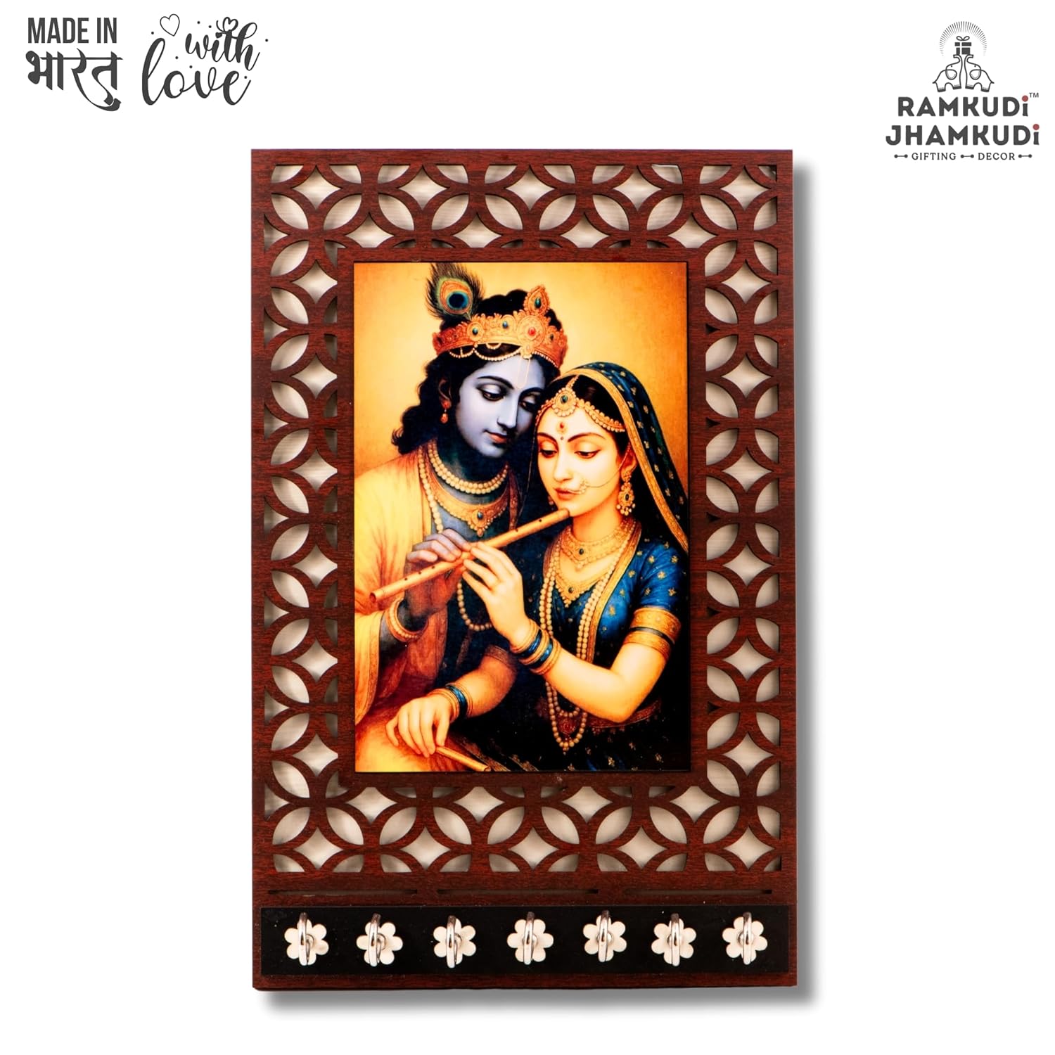 Ramkudi Jhamkudi™ Premium Wooden Radha Krishna Key Holder for Wall – 2 Layer MDF, 7 Stainless Steel Hooks, Unique Indian Design, Home Decor & Gifting – Made in India