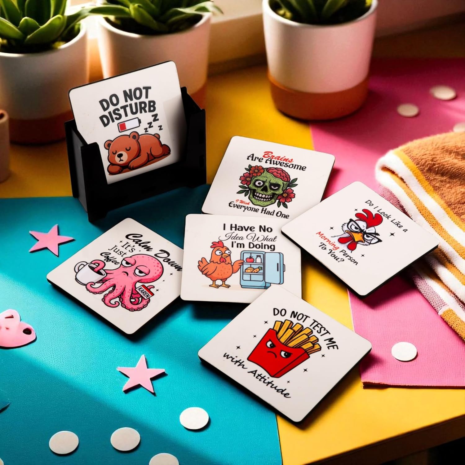 Ramkudi Jhamkudi Wooden Coasters Set of 6 with Sarcastic & Quirky Quotes – Bold & Fun Printed Coaster Set with Holder – Eco-Friendly, Made in India – Great for Gifting & Desk Decor