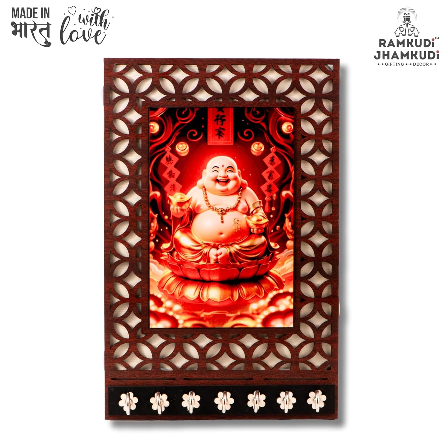 Ramkudi Jhamkudi™ Premium Wooden Laughing Buddha Key Holder for Wall – 2 Layer MDF, 7 Stainless Steel Hooks, Unique Spiritual Design, Home Decor & Gifting – Made in India