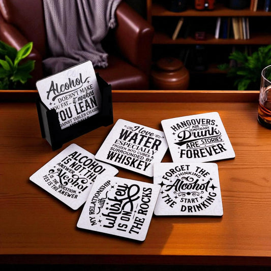 Ramkudi Jhamkudi Wooden Coasters Set of 6 with Classy Drinking Quotes – Printed Bar Coaster Set with Holder – Cocktail & Wine Lovers Gift, Eco-Friendly, Made in India