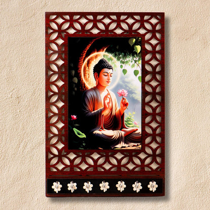 Ramkudi Jhamkudi™ Premium Wooden Buddha Key Holder for Wall – 2 Layer MDF, 7 Stainless Steel Hooks, Unique Indian Design, Home Decor & Gifting – Made in India