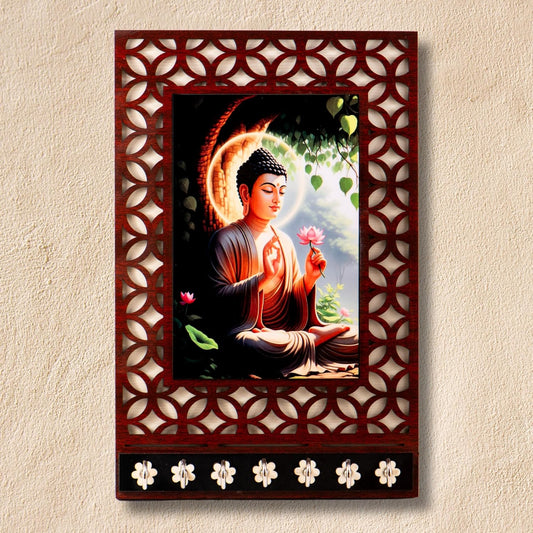 Ramkudi Jhamkudi™ Premium Wooden Buddha Key Holder for Wall – 2 Layer MDF, 7 Stainless Steel Hooks, Unique Indian Design, Home Decor & Gifting – Made in India