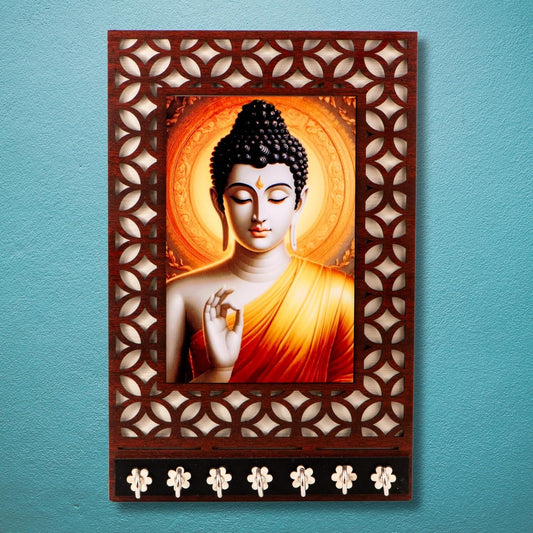 Ramkudi Jhamkudi™ Buddha Wooden Key Holder – 2 Layer Premium MDF, 7 SS Hooks – Peaceful & Elegant Wall Décor – Made in India