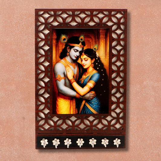 Ramkudi Jhamkudi™ Radha Krishna Wooden Key Holder – 2 Layer Premium MDF, 7 SS Hooks – Divine & Romantic Wall Décor – Made in India