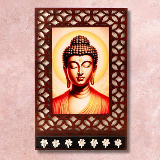 Ramkudi Jhamkudi™ Premium Wooden Buddha Key Holder for Wall – 2 Layer MDF, 7 Stainless Steel Hooks, Unique Spiritual Design, Home Decor & Gifting – Made in India