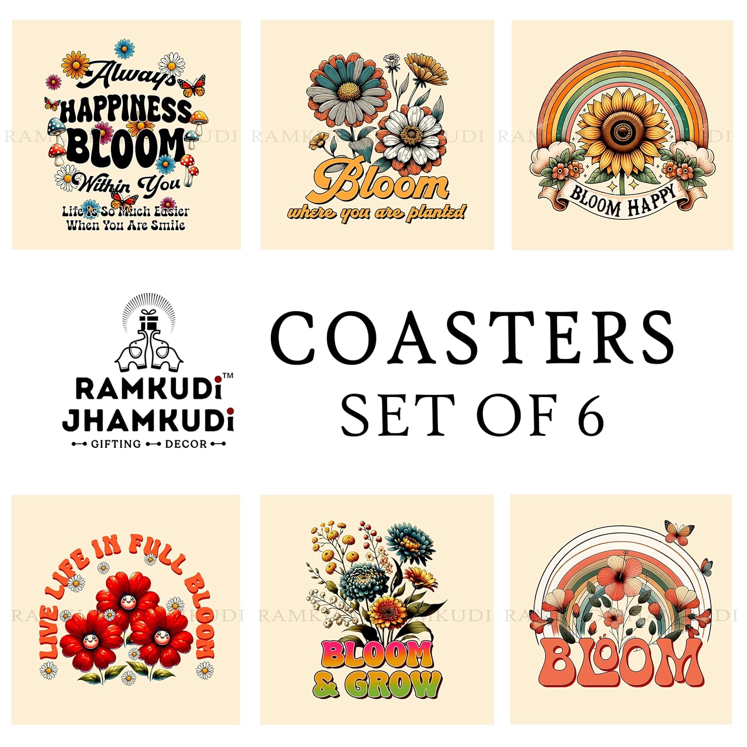 Ramkudi Jhamkudi Wooden Coaster Set – Bloom Happy Quotes Design | Positive, Stylish & Aesthetic Table Decor | Great Gift for Home, Office, Coffee Table | Made in India
