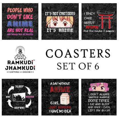 Ramkudi Jhamkudi Anime Wooden Coasters Set of 6 with Holder | Anime Quotes & Designs for Otakus | Stylish Drink Coasters for Tea Coffee | Home Desk Décor | Made in India Gift for Anime Fans