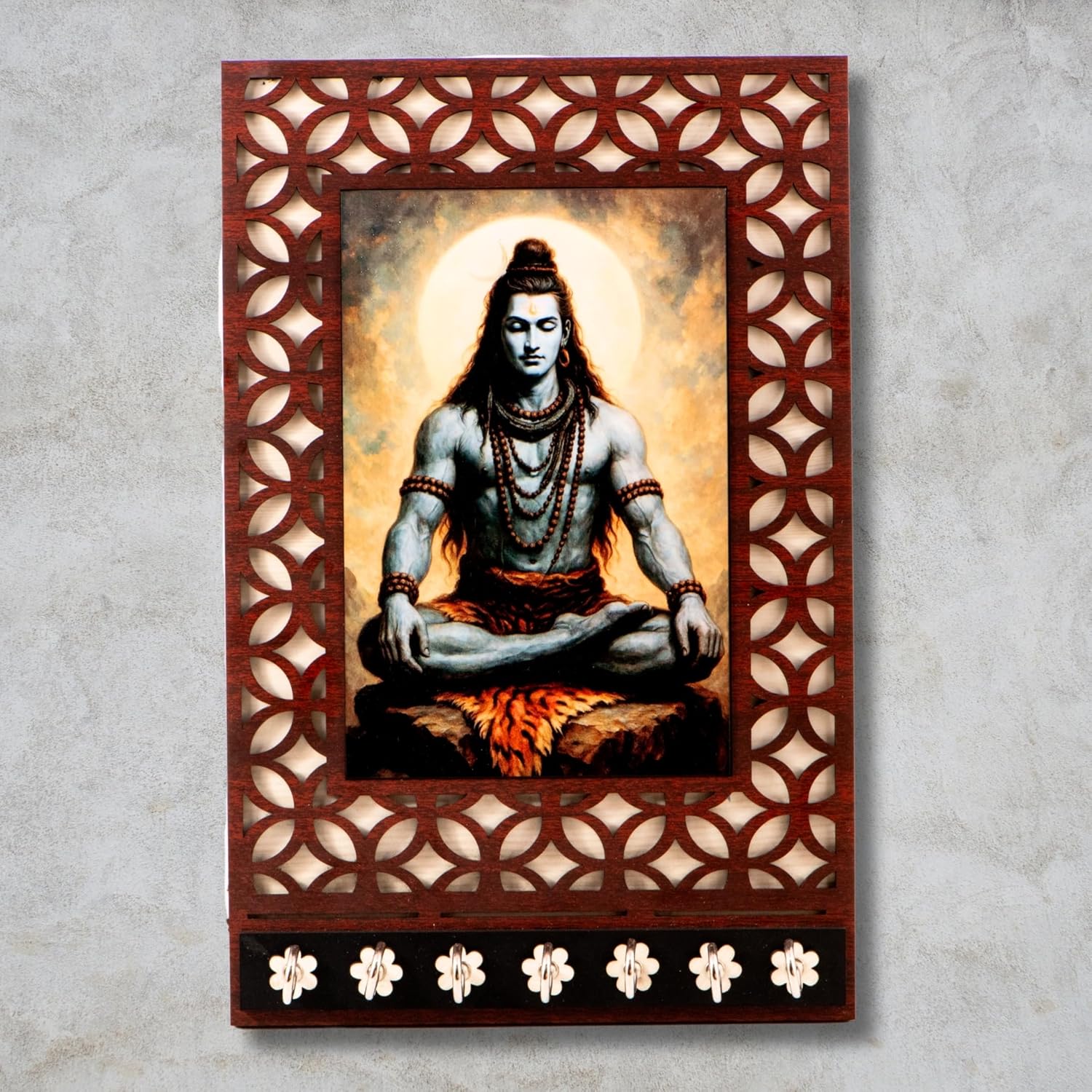 Ramkudi Jhamkudi™ Premium Wooden Meditating Lord Shiva Key Holder for Wall – 2 Layer MDF, 7 Stainless Steel Hooks, Exclusive Indian Design, Home Decor & Gifting – Made in India