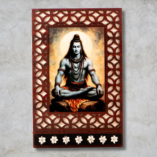 Ramkudi Jhamkudi™ Premium Wooden Meditating Lord Shiva Key Holder for Wall – 2 Layer MDF, 7 Stainless Steel Hooks, Exclusive Indian Design, Home Decor & Gifting – Made in India
