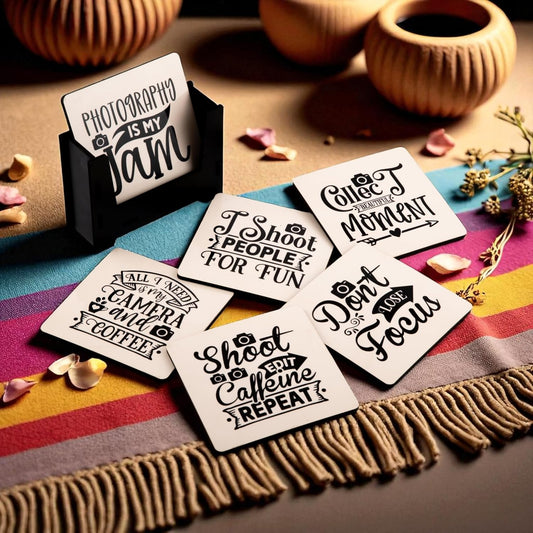 Ramkudi Jhamkudi Wooden Coasters Set of 6 with Holder | Photography Quote Coasters for Tea Coffee | Gift for Photographers & Creators | Desk & Table Décor | Made in India Drink Mats