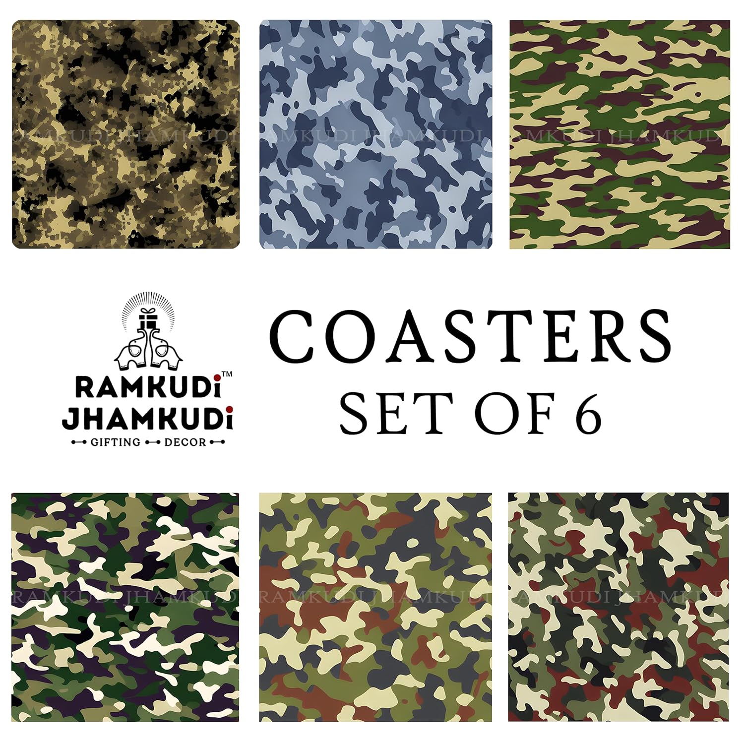 Wooden Coasters Set of 6 with Holder | Camo-Themed Coasters for Wildlife Photographers & Filmmakers | Rugged Eco-Friendly Drink Mats | Made in India | Adventure Decor Gift for Nature & Outdoor Lovers