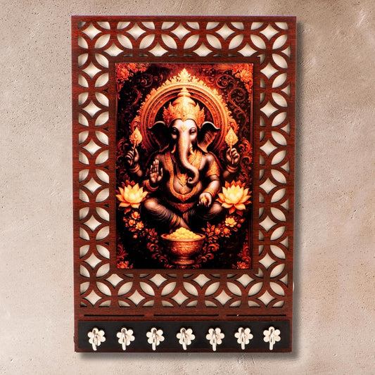 Ramkudi Jhamkudi™ Premium Wooden Lord Ganesha Key Holder for Wall – 2 Layer MDF, 7 Stainless Steel Hooks, Unique Indian Design, Home Decor & Gifting – Made in India