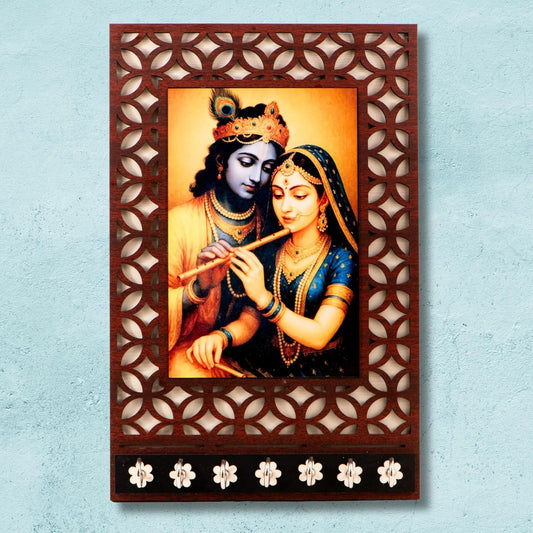 Ramkudi Jhamkudi™ Premium Wooden Radha Krishna Key Holder for Wall – 2 Layer MDF, 7 Stainless Steel Hooks, Unique Indian Design, Home Decor & Gifting – Made in India
